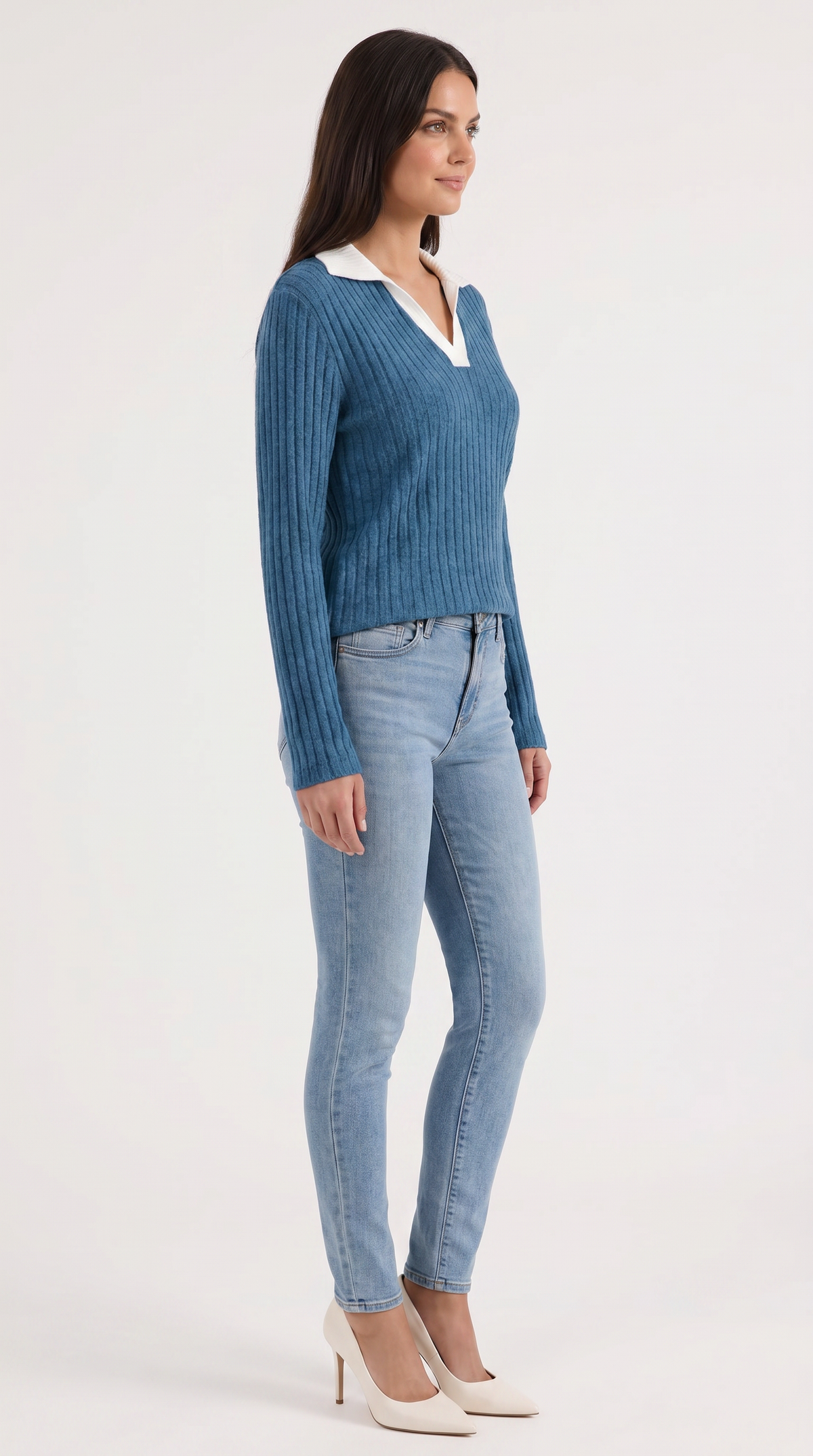 Langarmshirt mit Kragen und V-Ausschnitt in Rippstrick für Damen