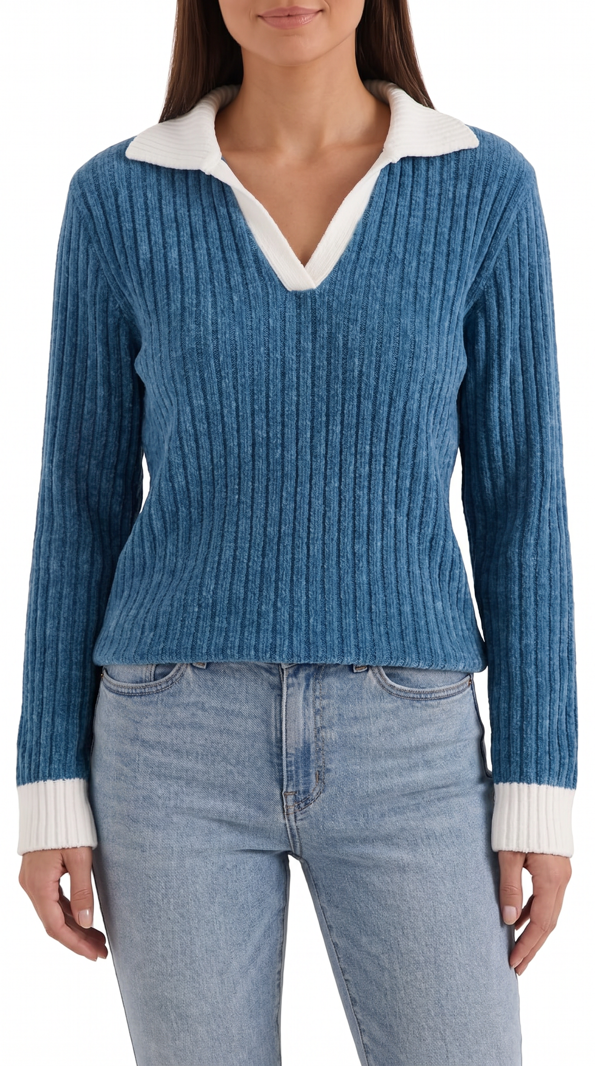 Langarmshirt mit Kragen und V-Ausschnitt in Rippstrick für Damen