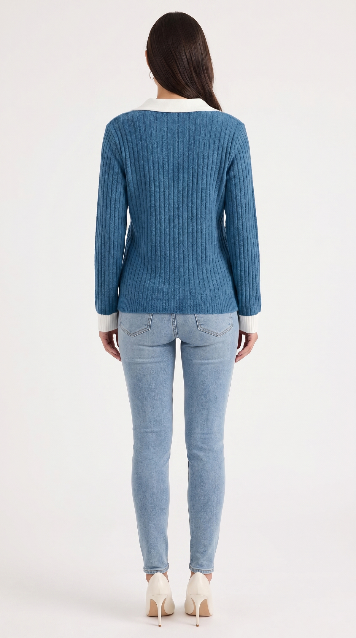 Langarmshirt mit Kragen und V-Ausschnitt in Rippstrick für Damen