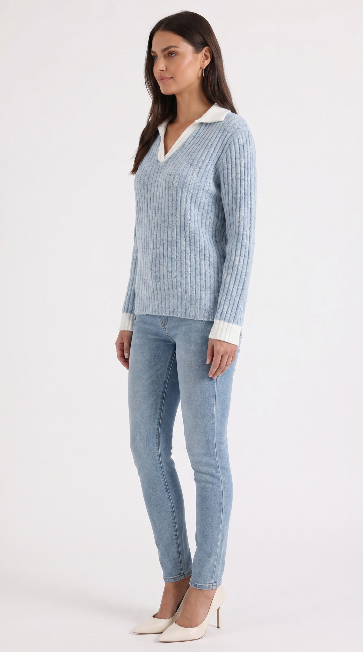 Langarmshirt mit Kragen und V-Ausschnitt in Rippstrick für Damen