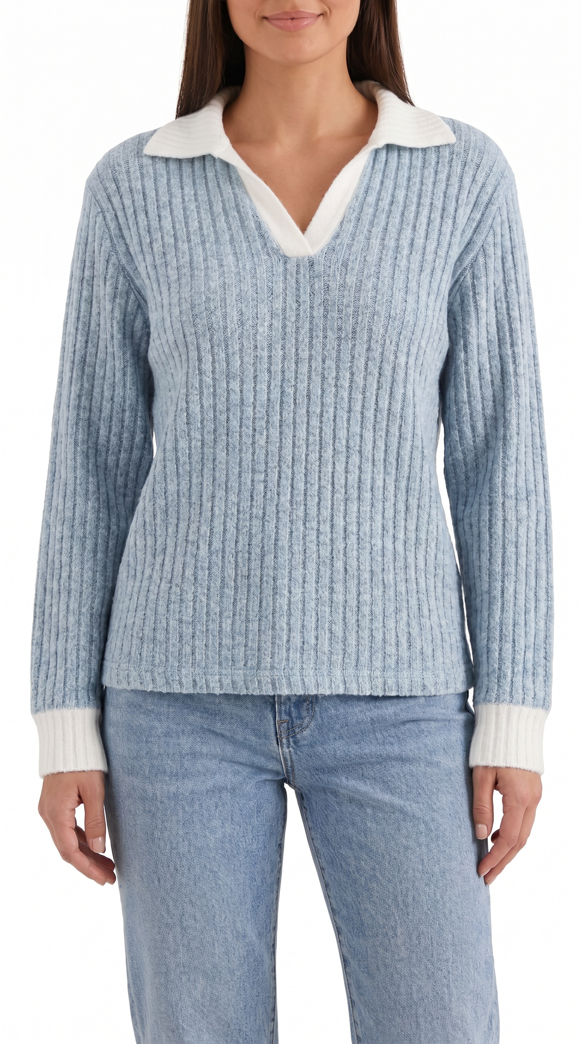 Langarmshirt mit Kragen und V-Ausschnitt in Rippstrick für Damen