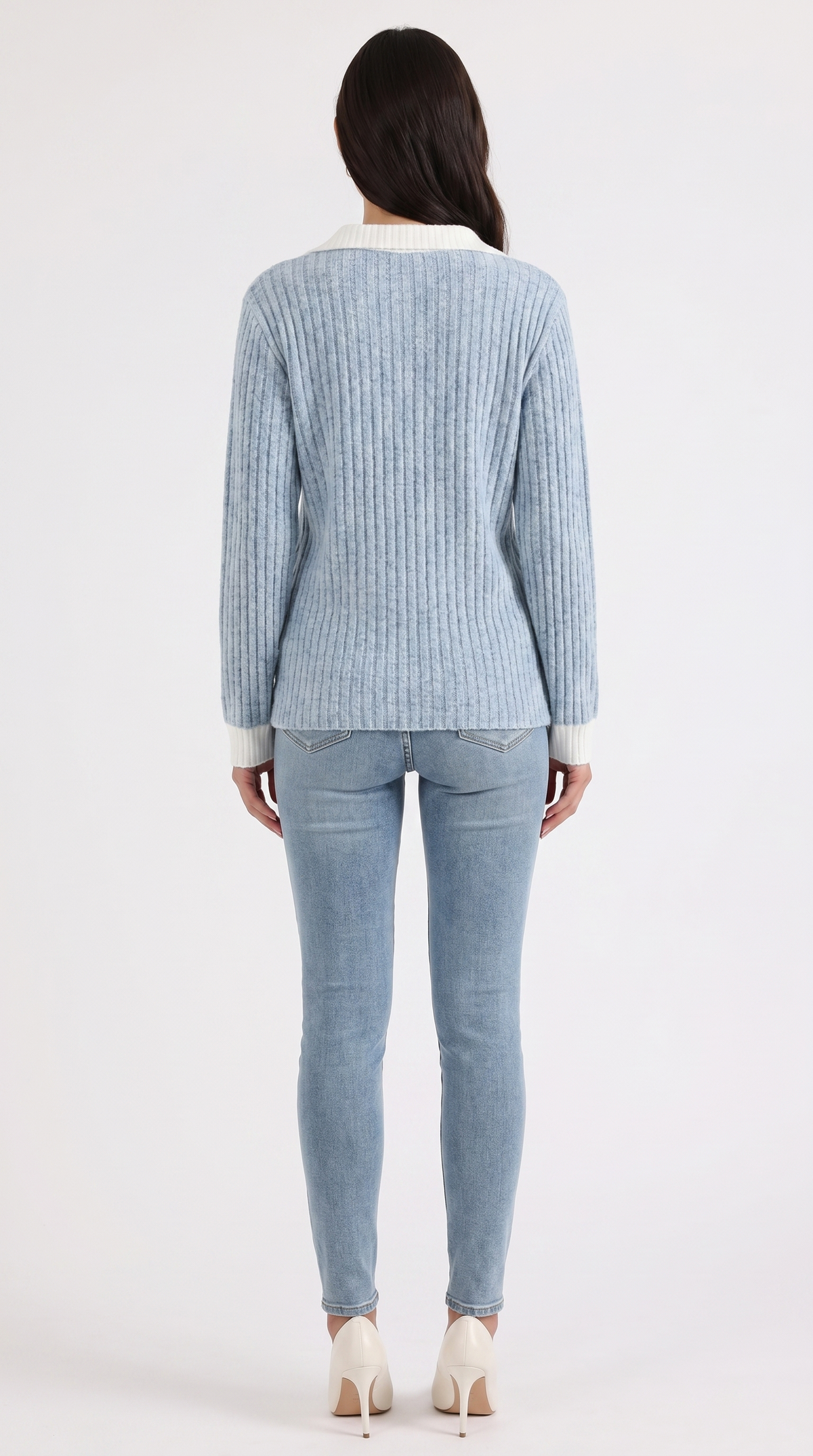 Langarmshirt mit Kragen und V-Ausschnitt in Rippstrick für Damen