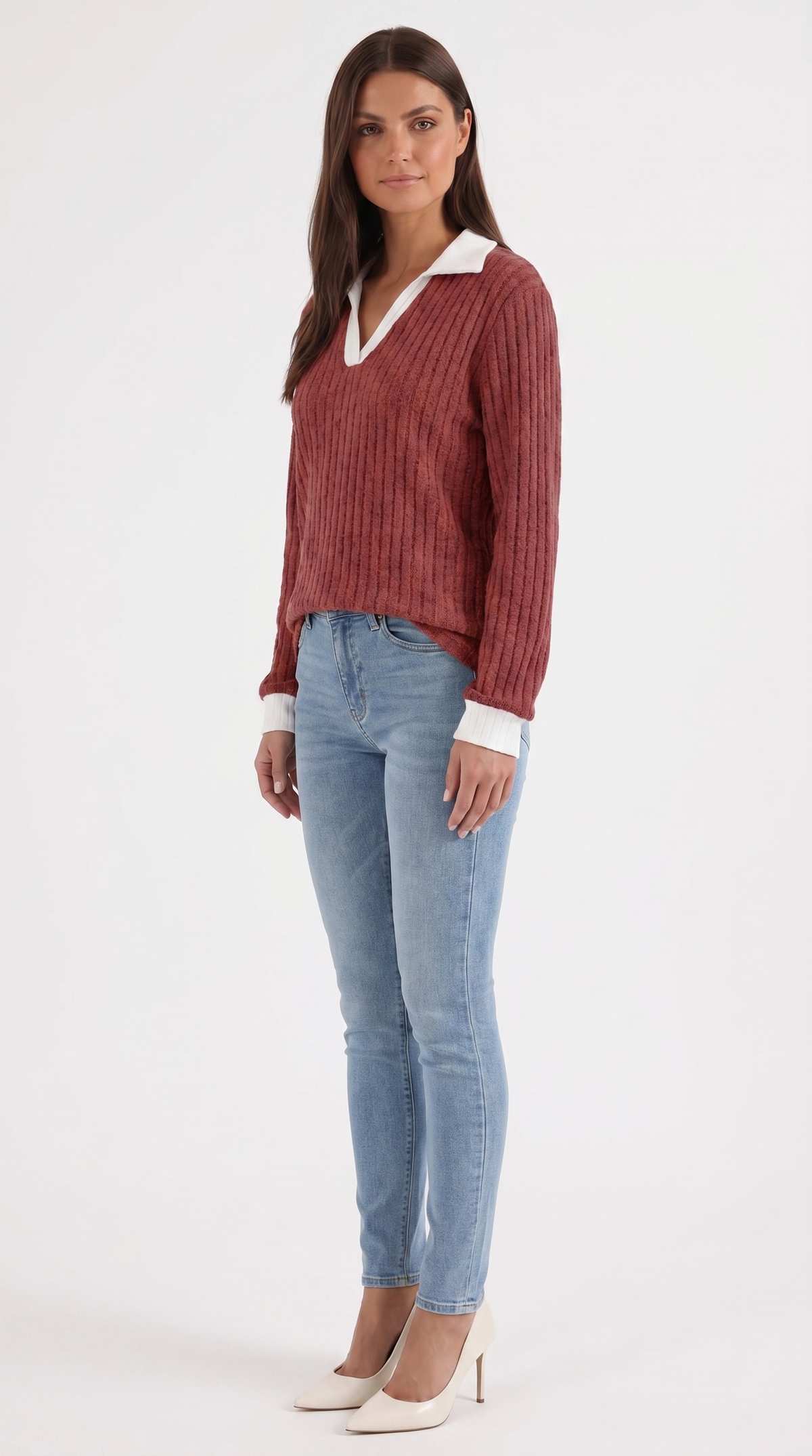 Langarmshirt mit Kragen und V-Ausschnitt in Rippstrick für Damen