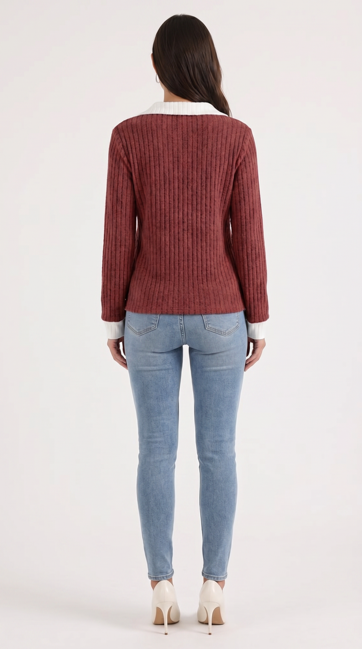 Langarmshirt mit Kragen und V-Ausschnitt in Rippstrick für Damen