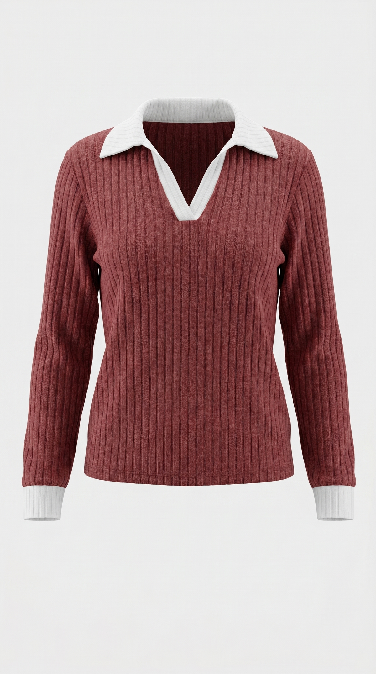 Langarmshirt mit Kragen und V-Ausschnitt in Rippstrick für Damen