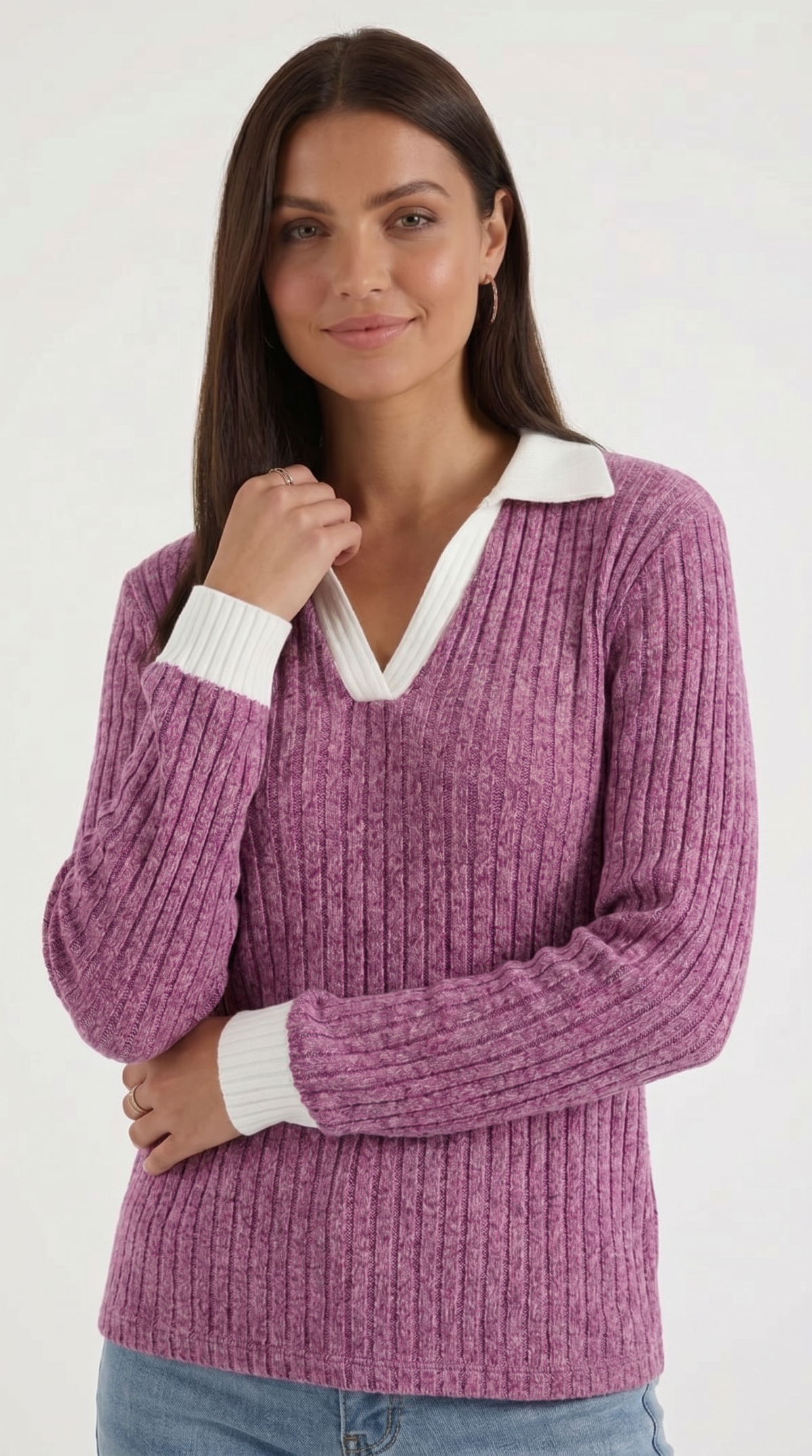 Langarmshirt mit Kragen und V-Ausschnitt in Rippstrick für Damen - Dunkelrosa