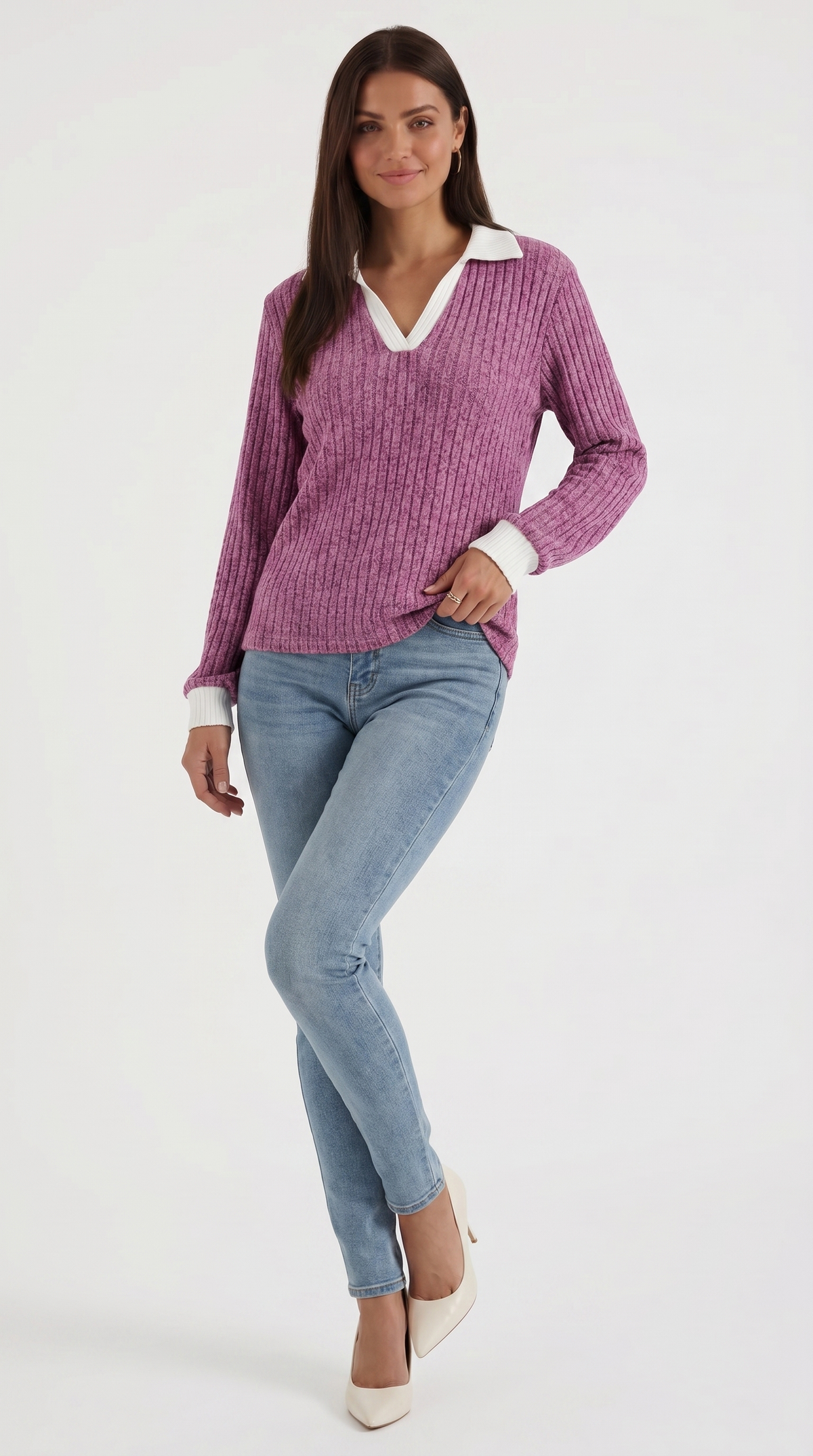 Langarmshirt mit Kragen und V-Ausschnitt in Rippstrick für Damen