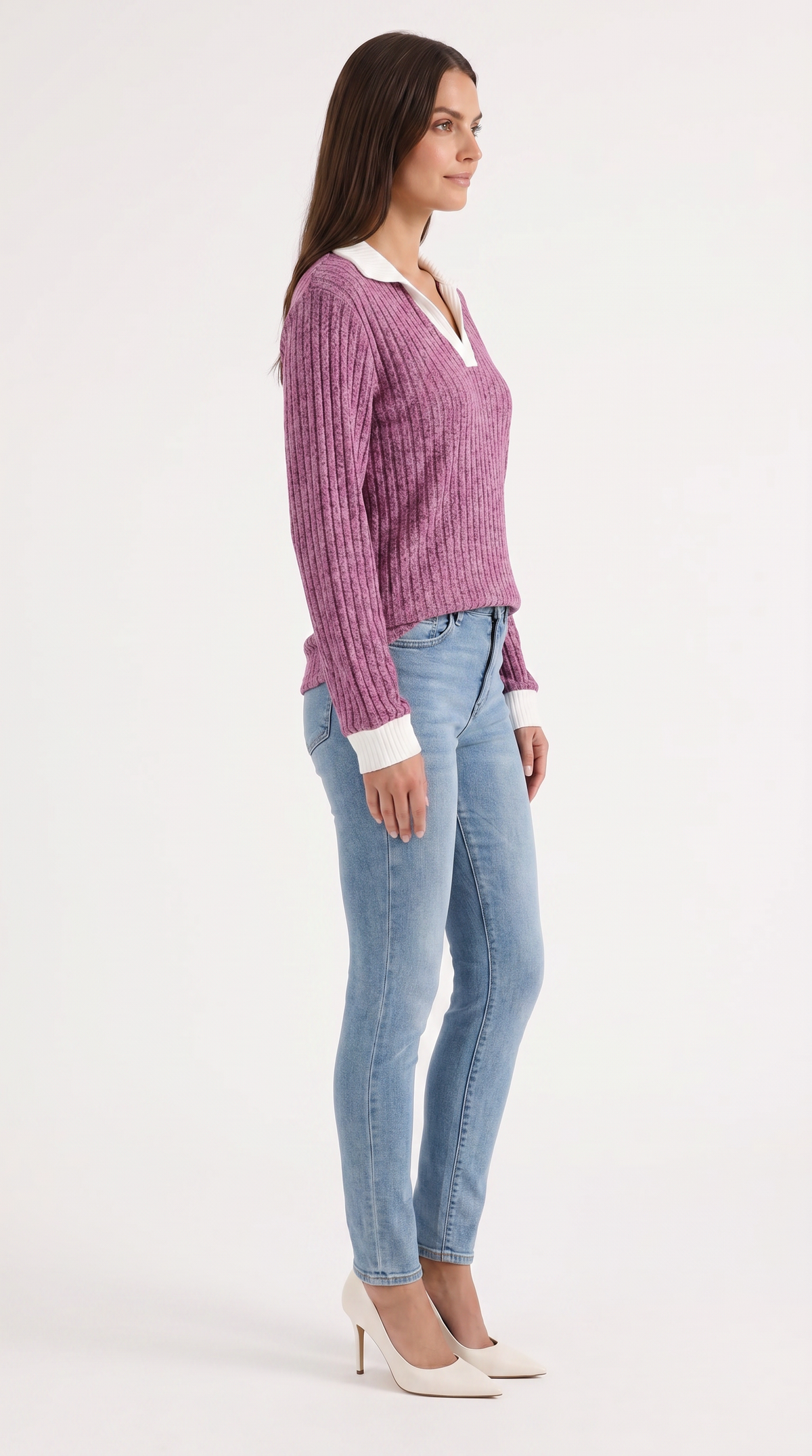 Langarmshirt mit Kragen und V-Ausschnitt in Rippstrick für Damen