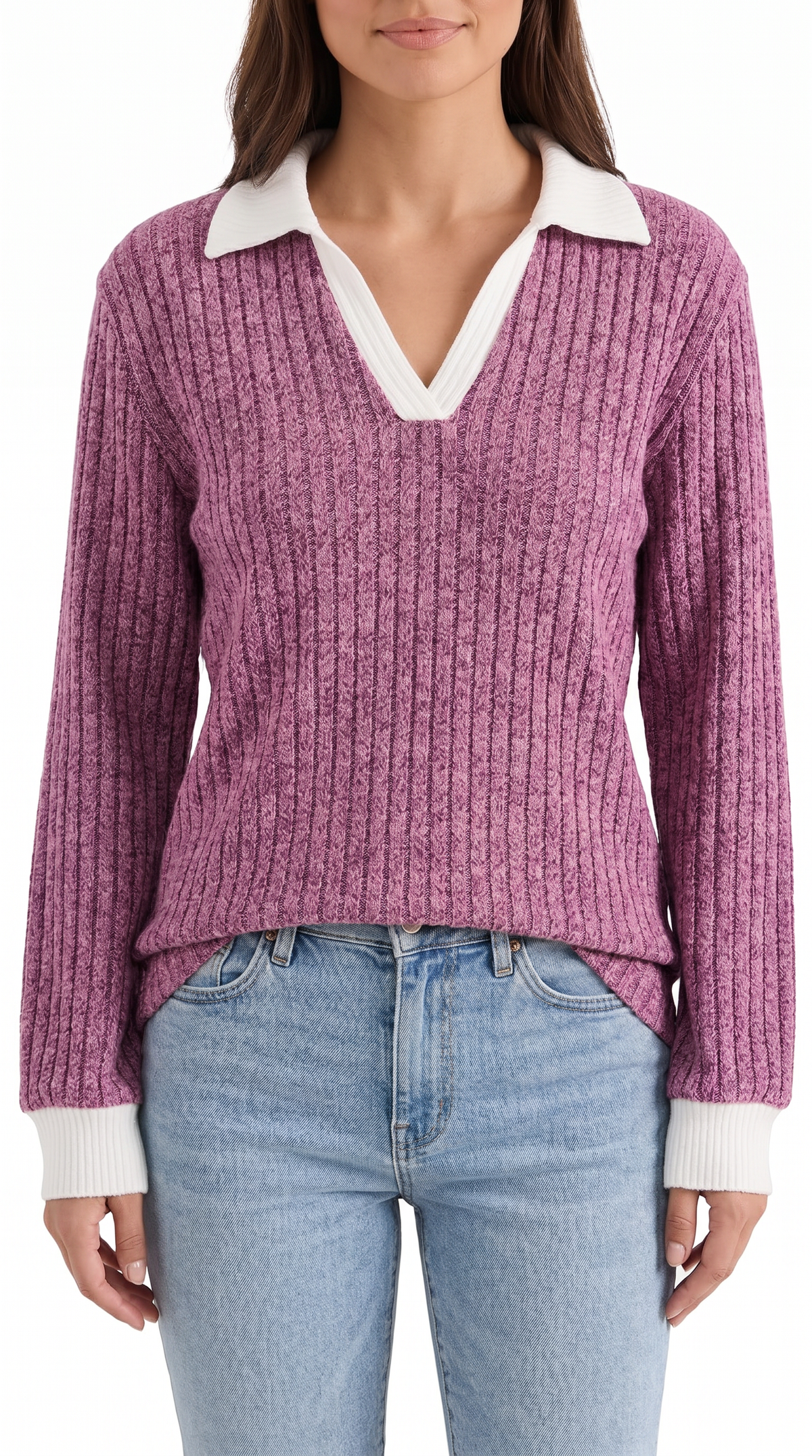 Langarmshirt mit Kragen und V-Ausschnitt in Rippstrick für Damen