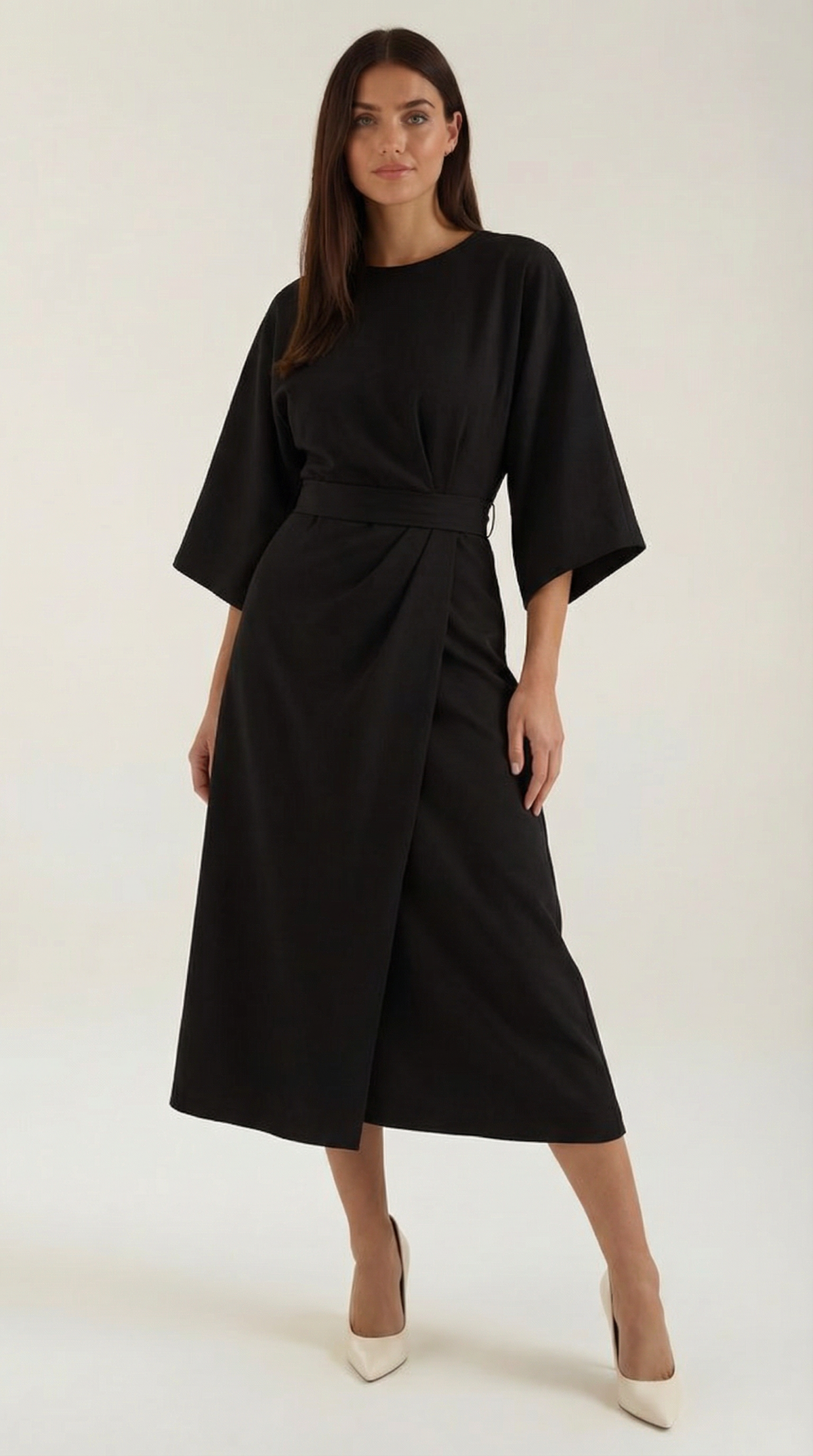 Wickelkleid mit Glockenärmeln und Gürtel in Midilänge für Damen - Schwarz