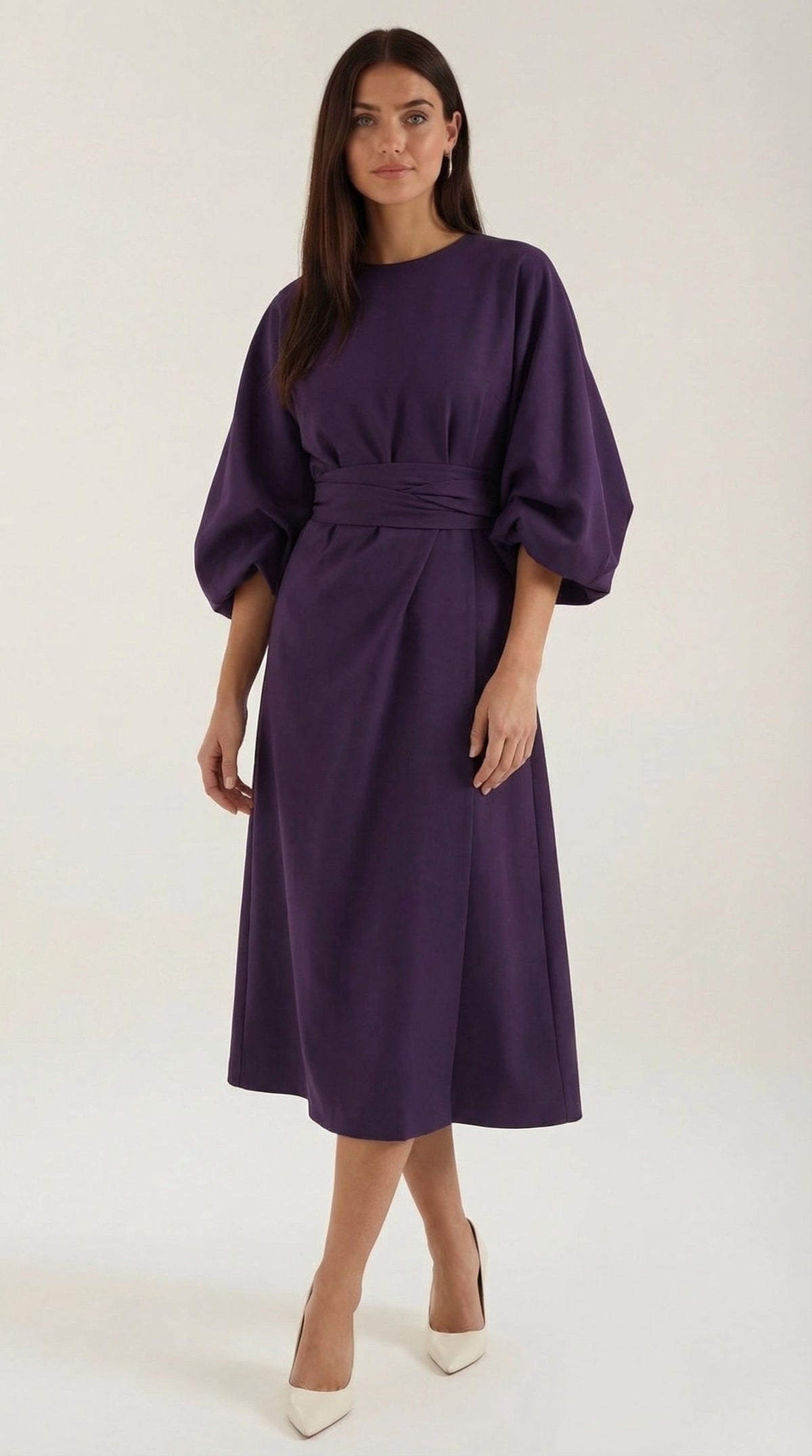 Wickelkleid mit Glockenärmeln und Gürtel in Midilänge für Damen - Dunkellila
