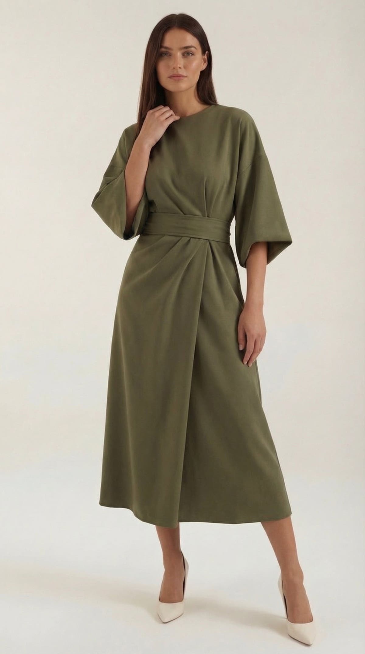 Wickelkleid mit Glockenärmeln und Gürtel in Midilänge für Damen - Dunkelgrün