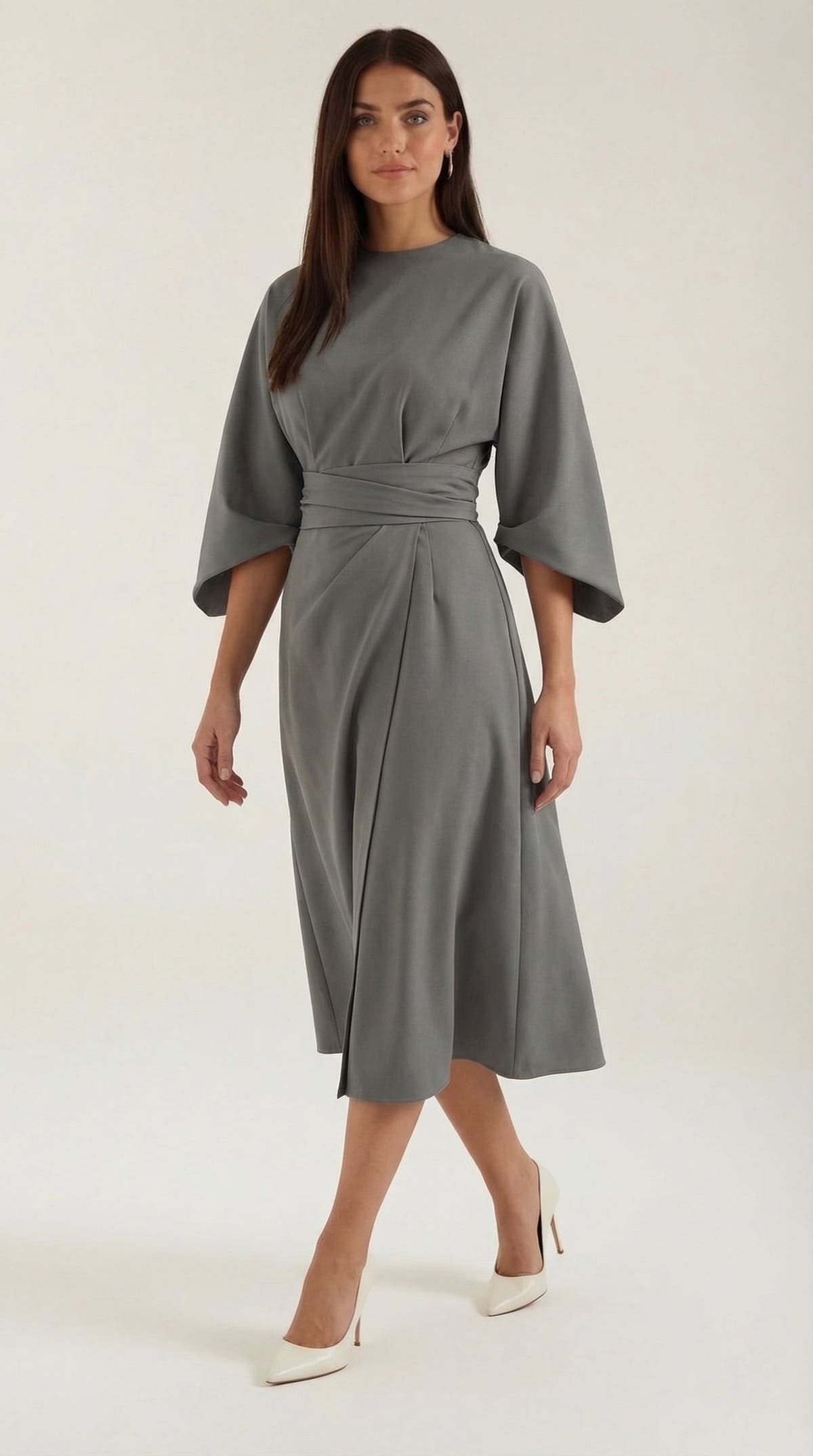 Wickelkleid mit Glockenärmeln und Gürtel in Midilänge für Damen - Grau