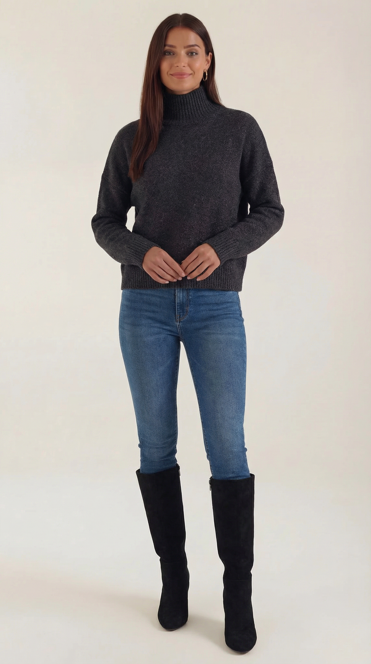 Rollkragenpullover aus Strick mit Rippbündchen für Damen - Grau
