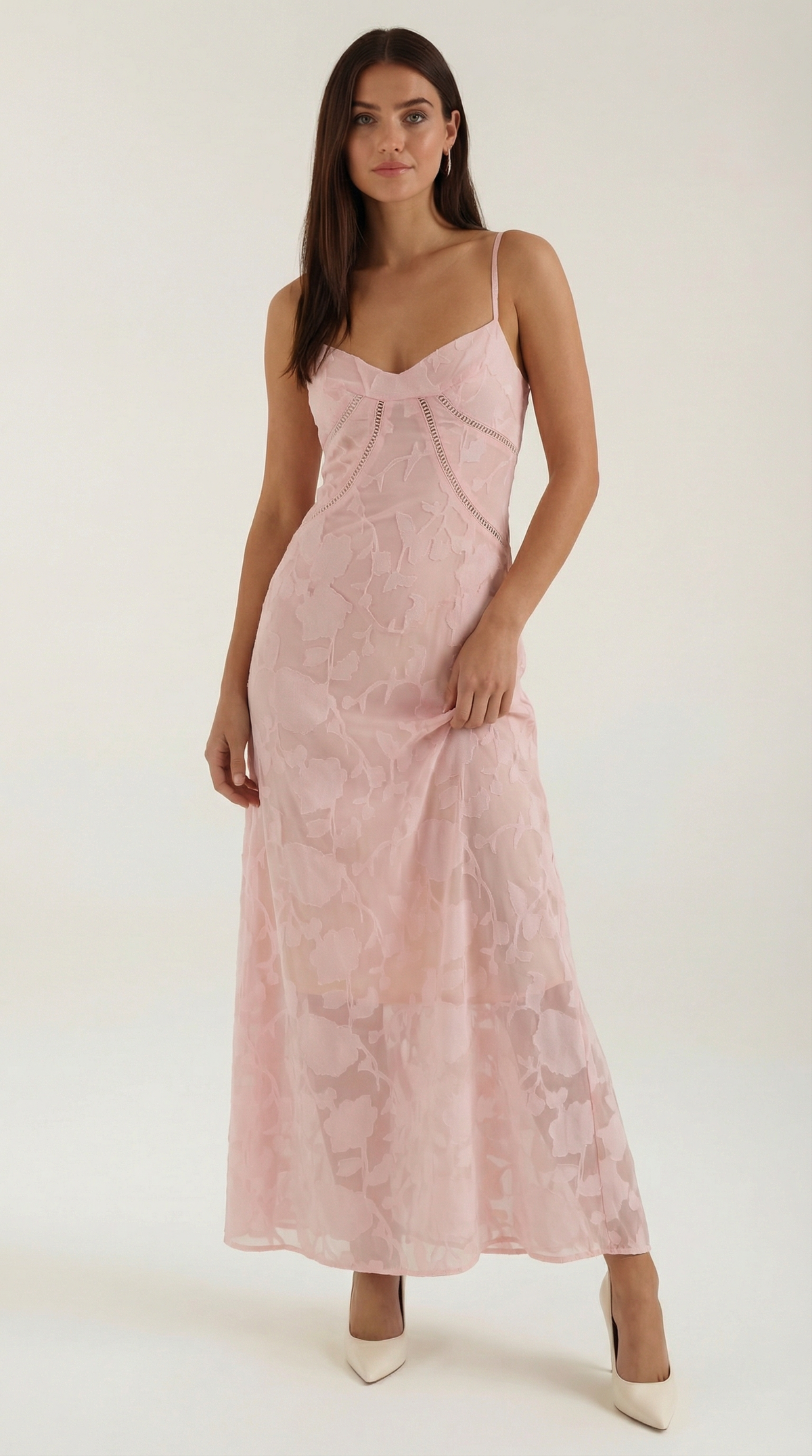 Langes Kleid mit Blumenspitze und Herzausschnitt für Damen - Rosa