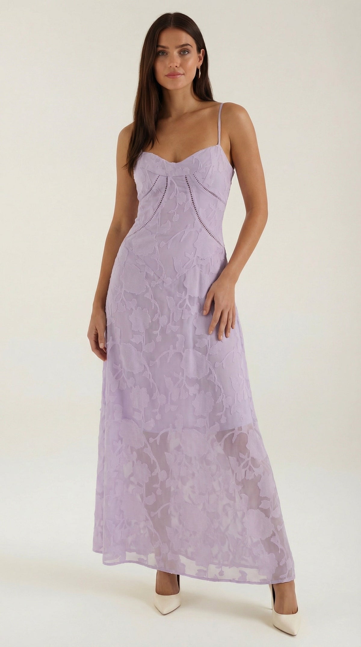 Langes Kleid mit Blumenspitze und Herzausschnitt für Damen - Orchidee