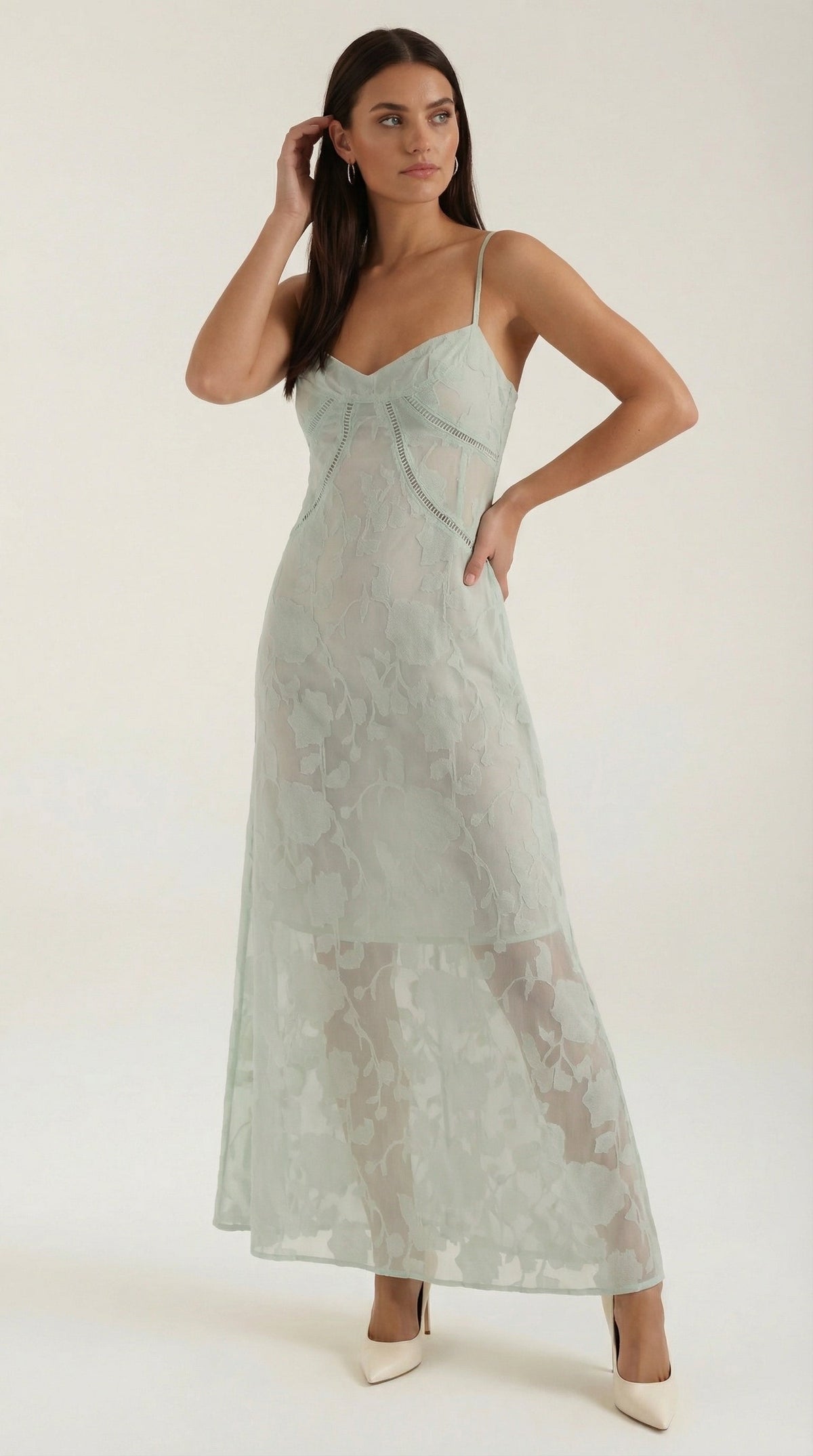 Langes Kleid mit Blumenspitze und Herzausschnitt für Damen - Mintgrün