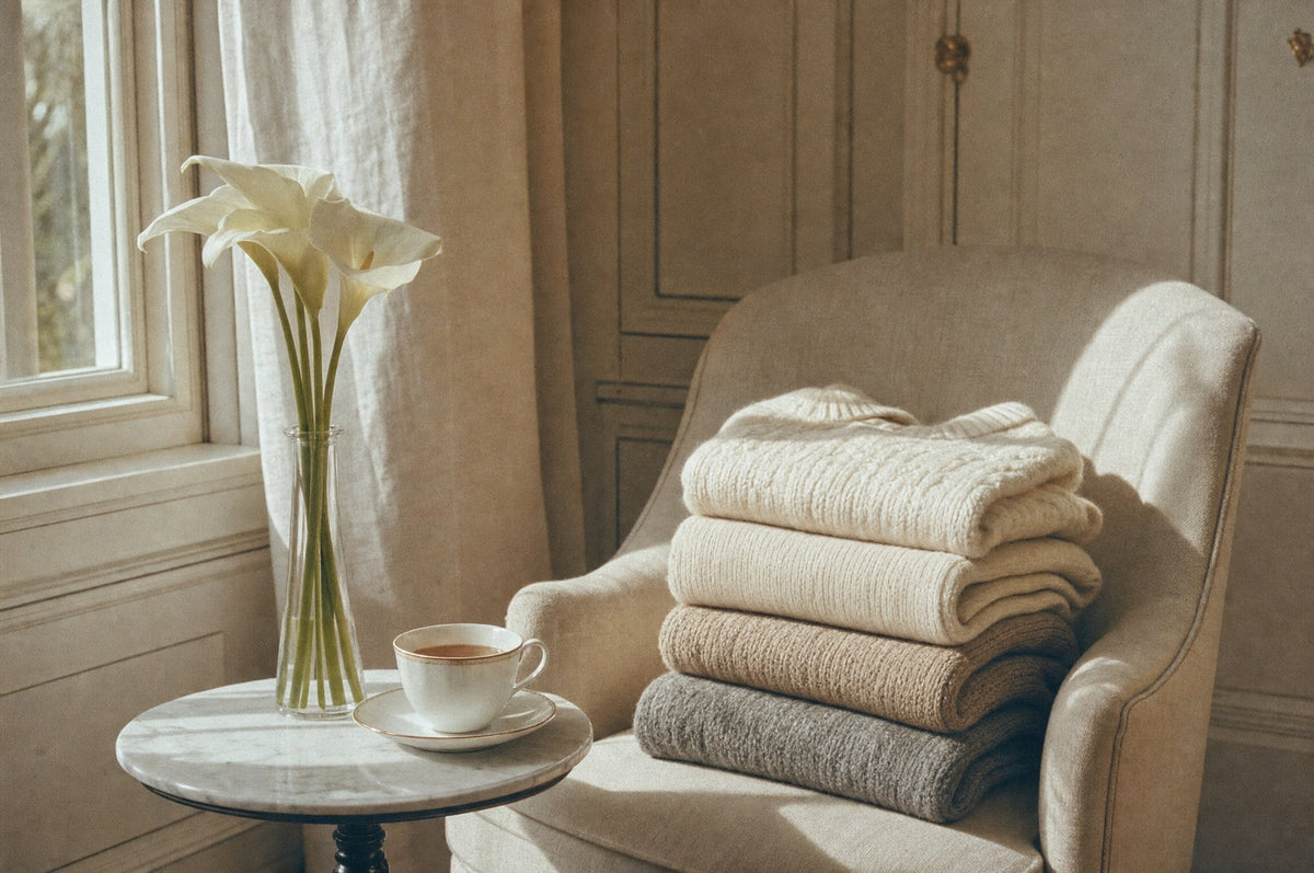 Gefaltete cremefarbene Strickmode auf einem Sessel neben weissen Calla-Lilien
