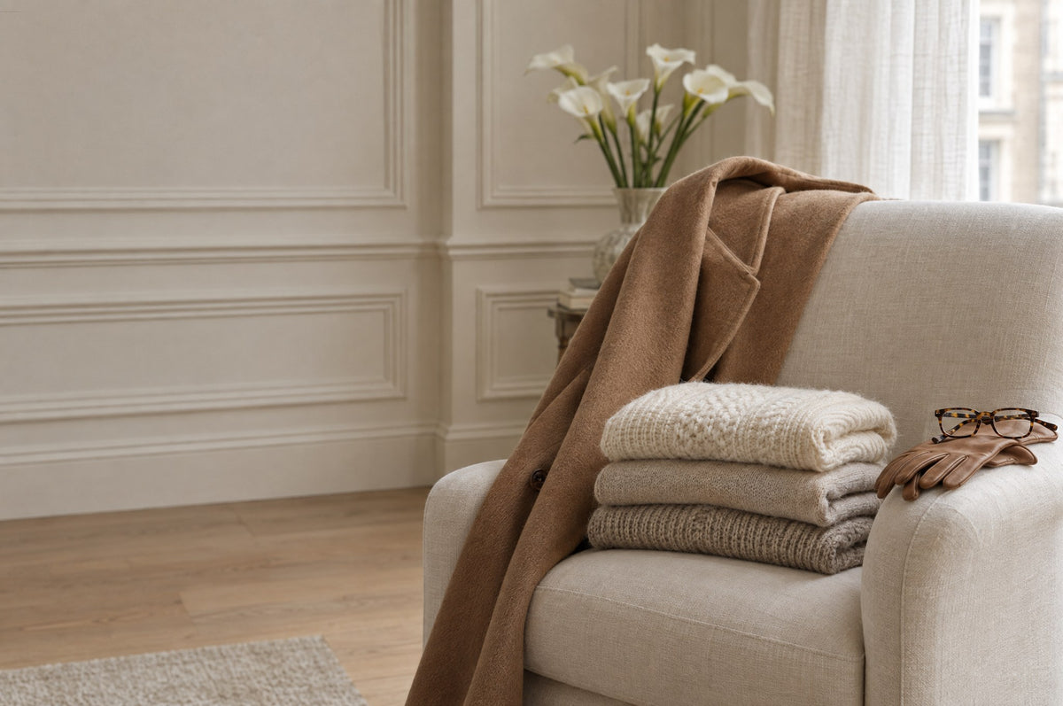 Mantel aus Kamelwolle über einem Sessel, daneben ein gefalteter Stapel cremefarbener Strickmode