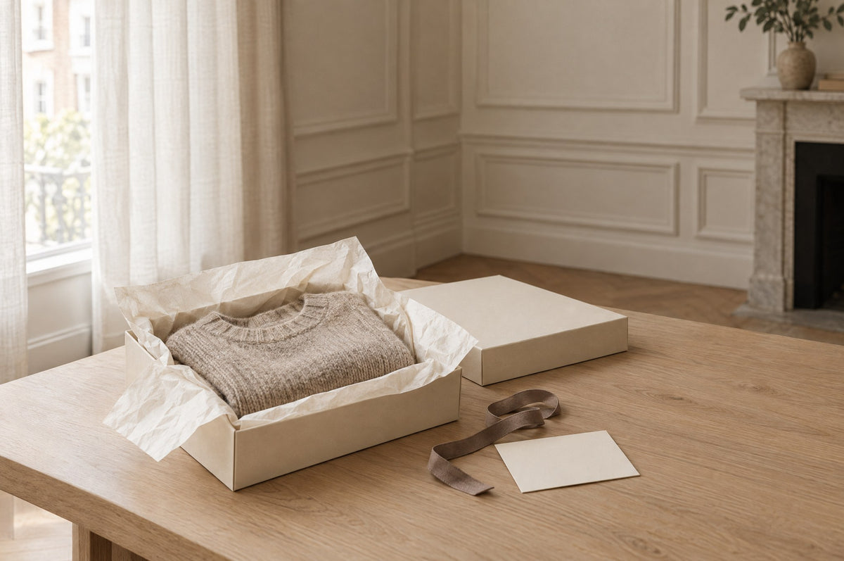 Cremefarbene Geschenkbox mit Seidenpapier und einem gefalteten Strickpullover auf einem Eichentisch