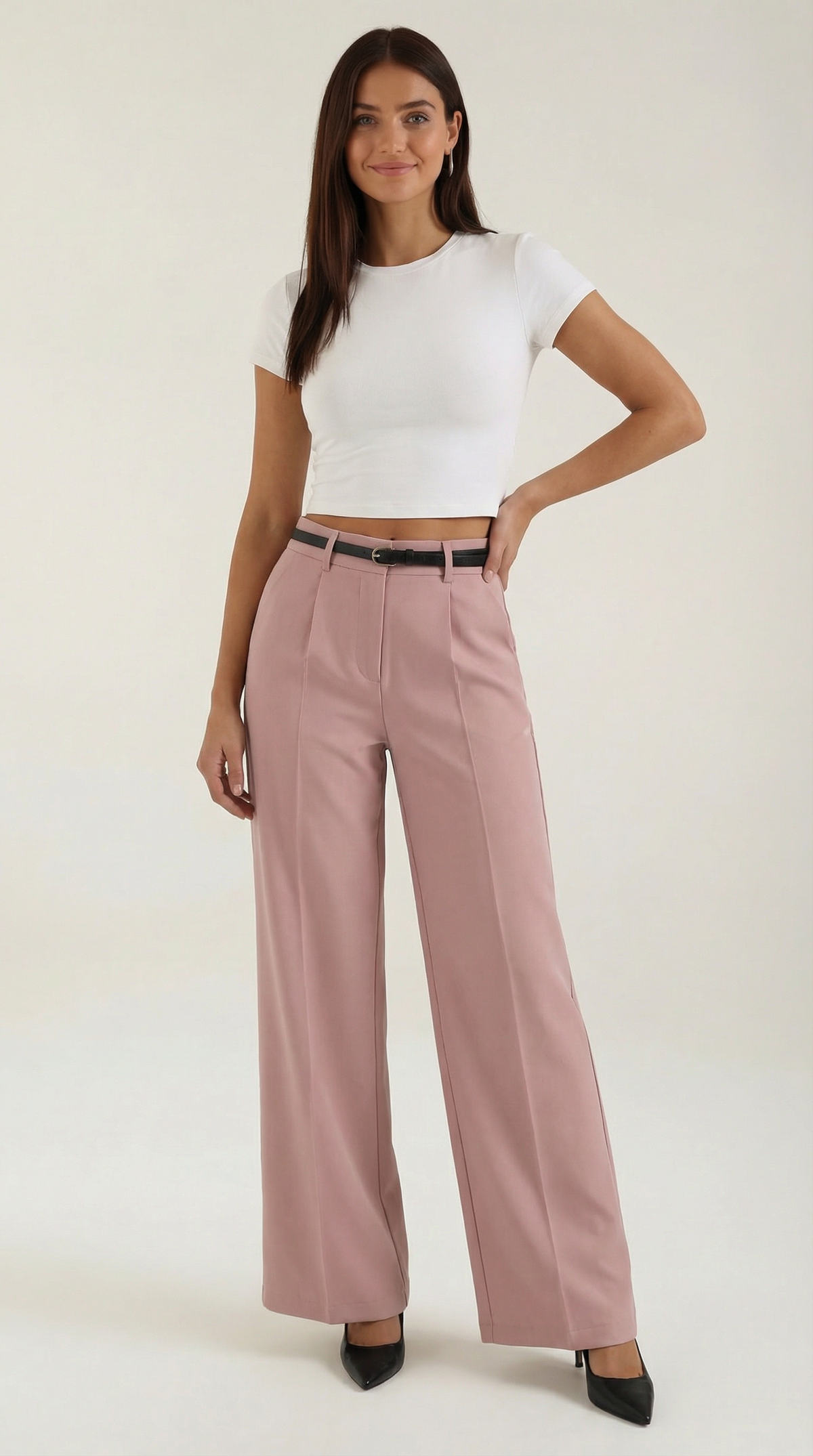 Stoffhose mit Bundfalten, Gürtel und weitem Bein für Damen - Rosa
