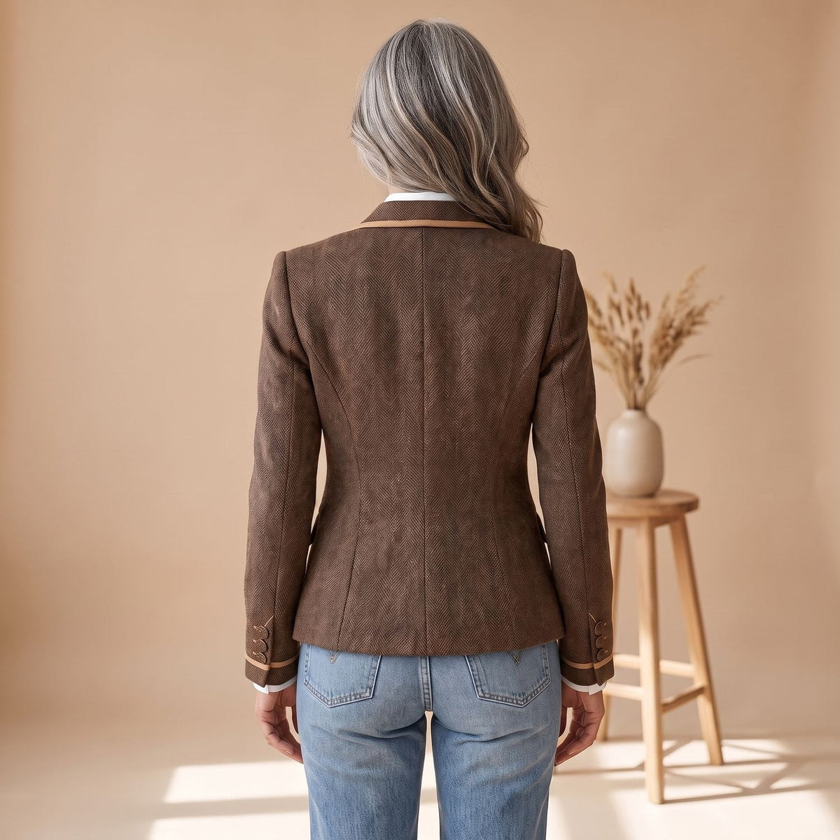 Blazer Damen tailliert mit Fischgratmuster und Kontrastpaspeln