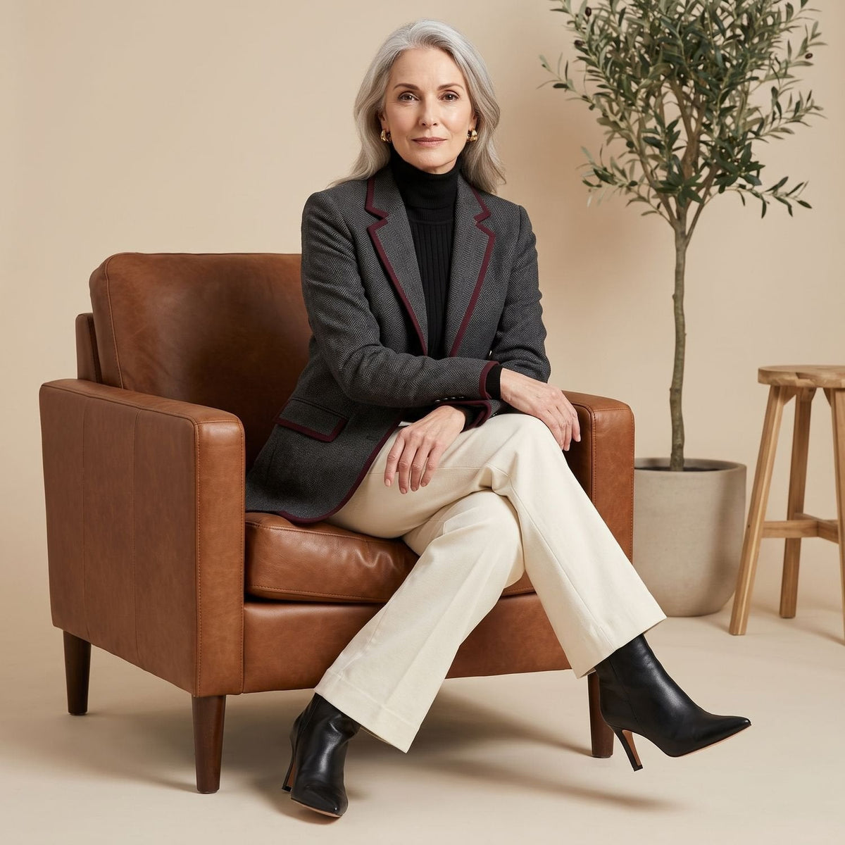 Blazer Damen tailliert mit Fischgratmuster und Kontrastpaspeln