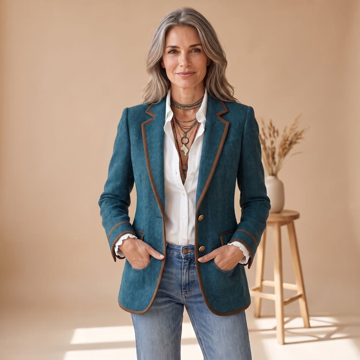 Blazer Damen tailliert mit Fischgratmuster und Kontrastpaspeln