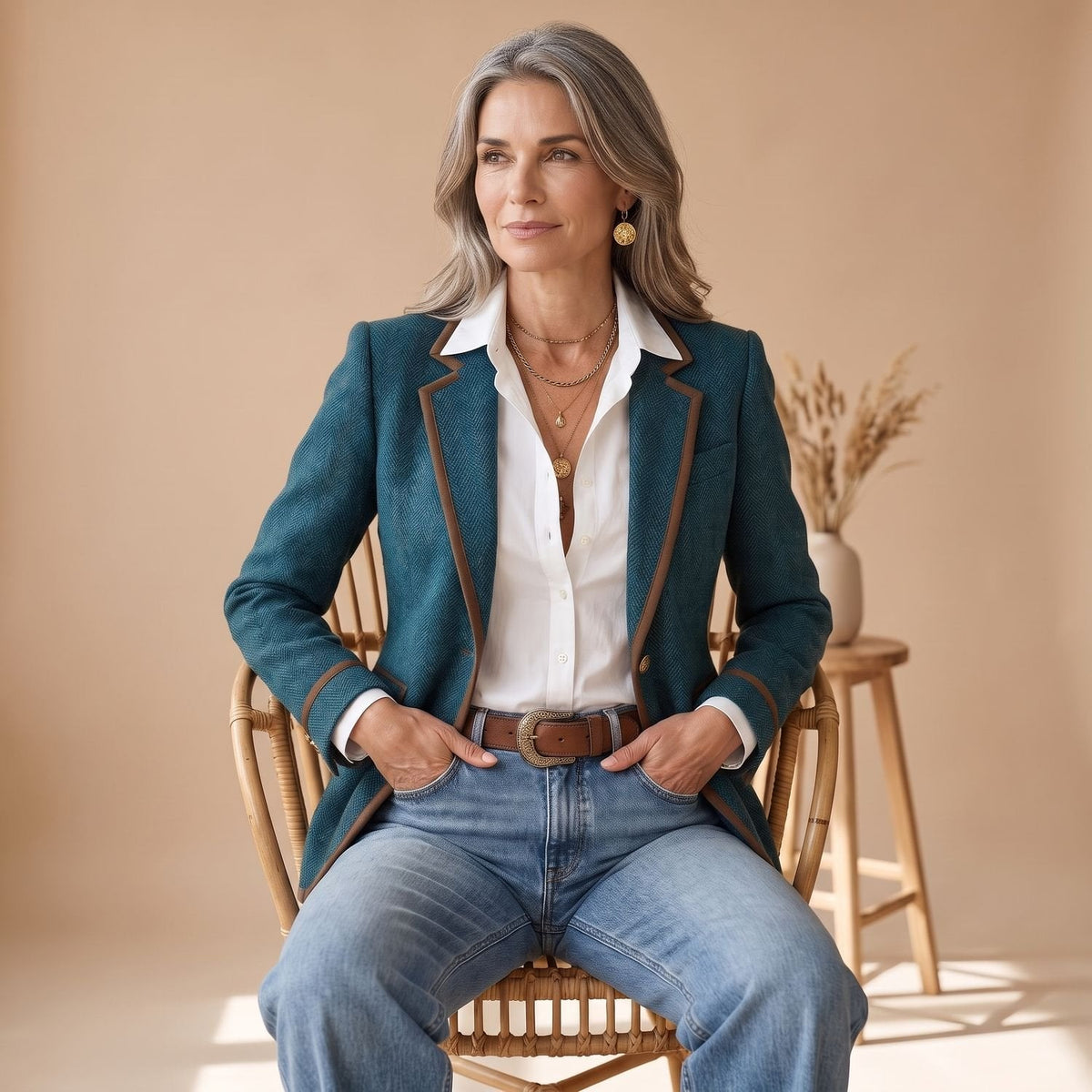 Blazer Damen tailliert mit Fischgratmuster und Kontrastpaspeln