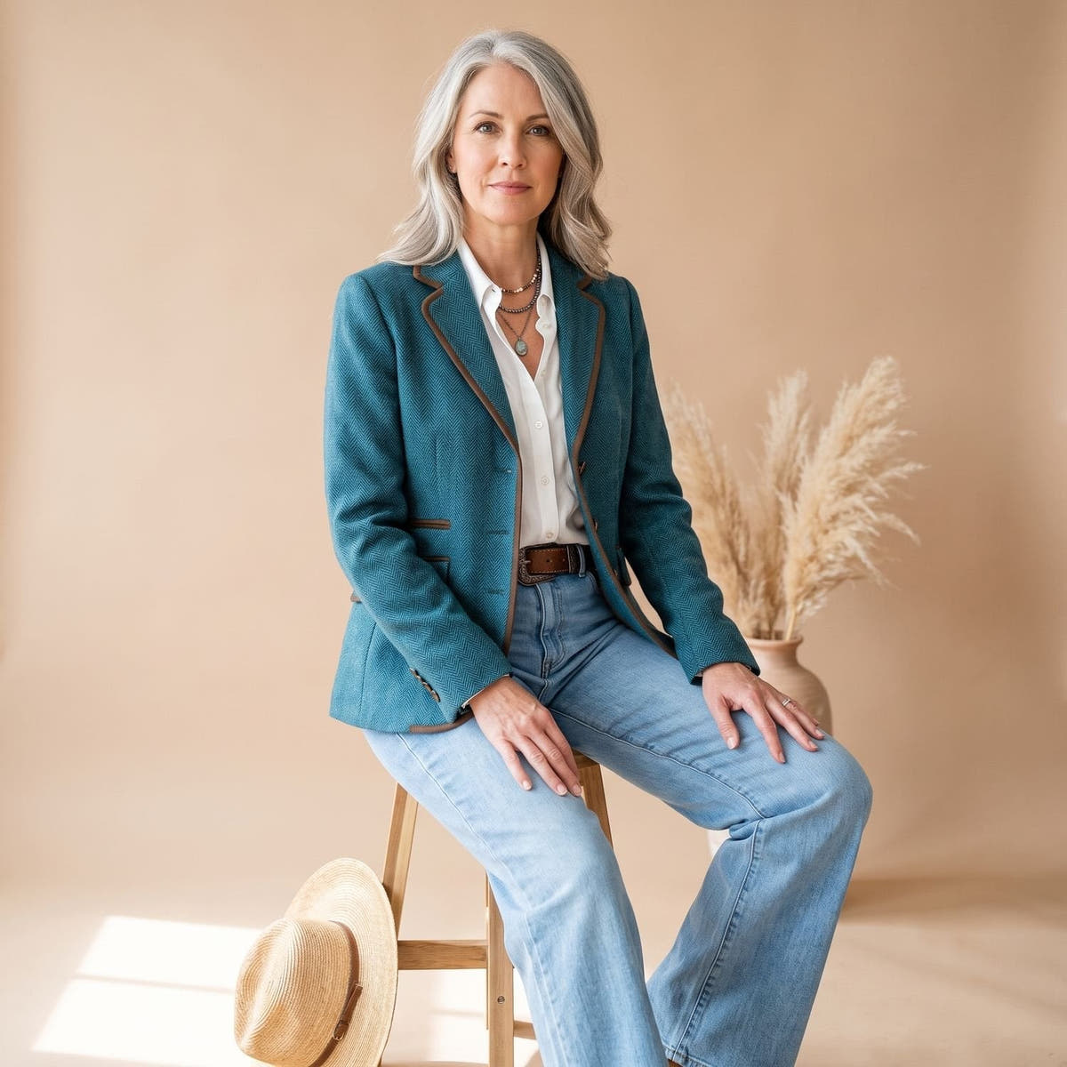 Blazer Damen tailliert mit Fischgratmuster und Kontrastpaspeln