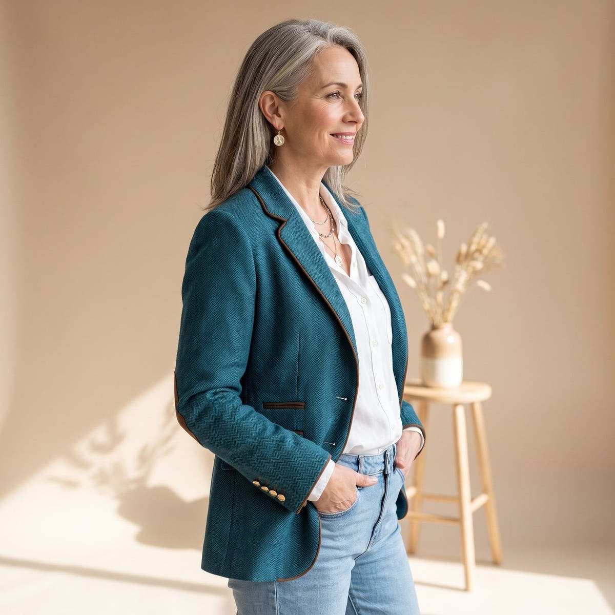 Blazer Damen tailliert mit Fischgratmuster und Kontrastpaspeln