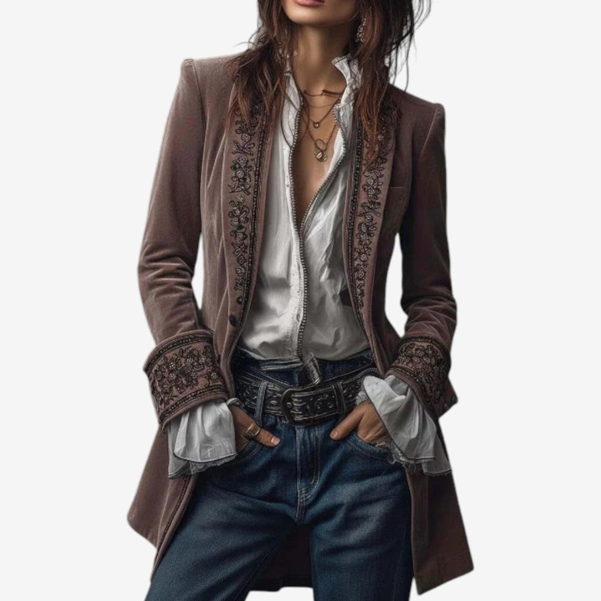 Blazer Damen tailliert mit Stickerei und Reissverschluss