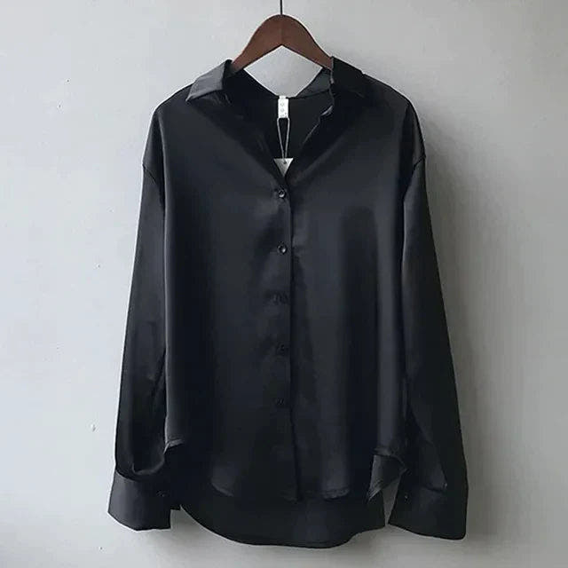 Bluse Damen aus Satin, Oversize mit Hemdkragen und langen Ärmeln