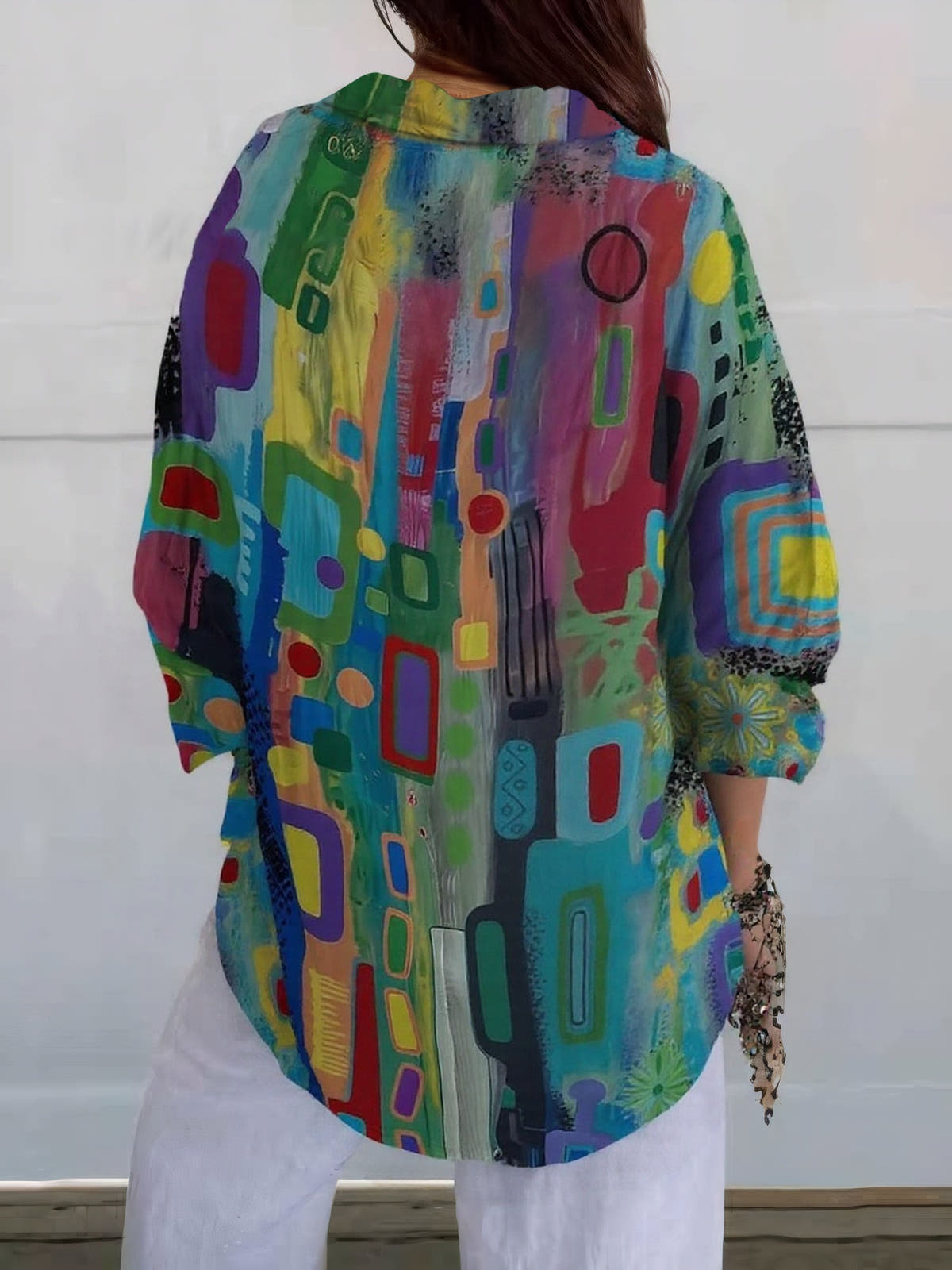 Bluse Damen mit geometrischem Muster, langen Ärmeln und Hemdkragen
