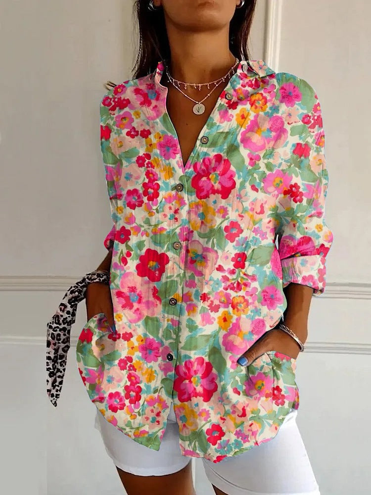 Bluse Damen mit geometrischem Muster, langen Ärmeln und Hemdkragen