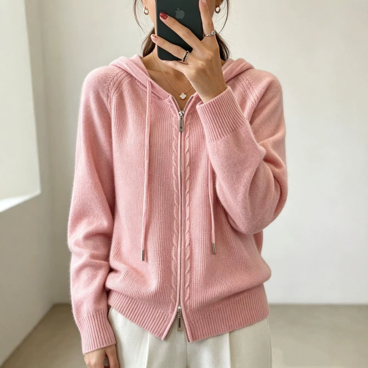 Cardigan Damen aus Feinstrick mit Kapuze und Reissverschluss