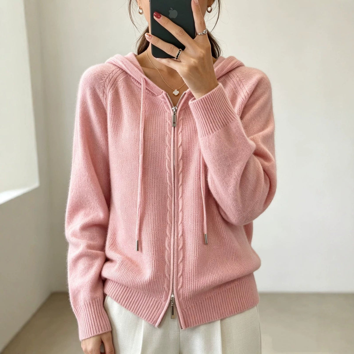 Cardigan Damen aus Feinstrick mit Kapuze und Reissverschluss