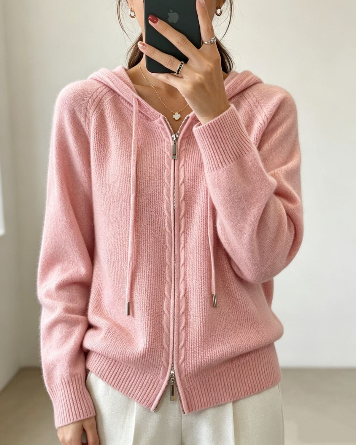 Cardigan Damen aus Feinstrick mit Kapuze und Reissverschluss
