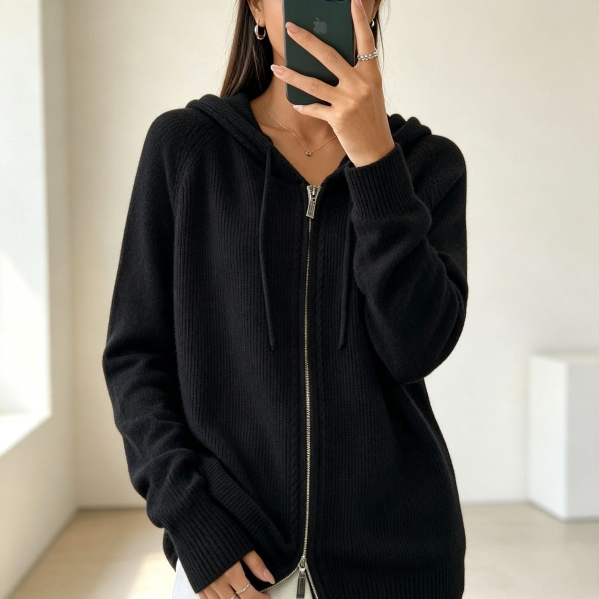 Cardigan Damen aus Feinstrick mit Kapuze und Reissverschluss