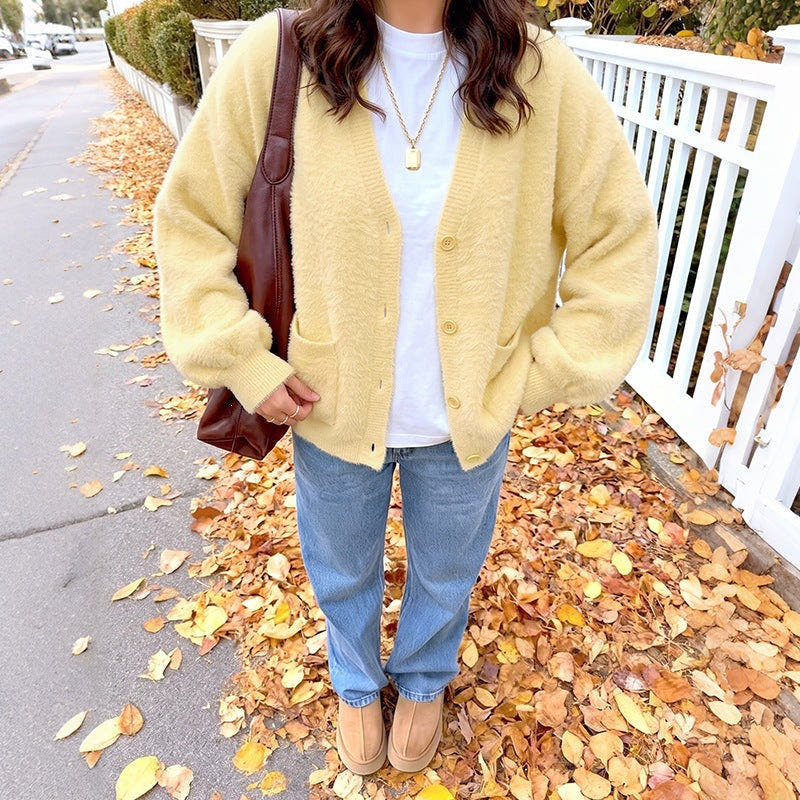 Cardigan Damen aus Teddy-Fleece, Oversize mit V-Ausschnitt