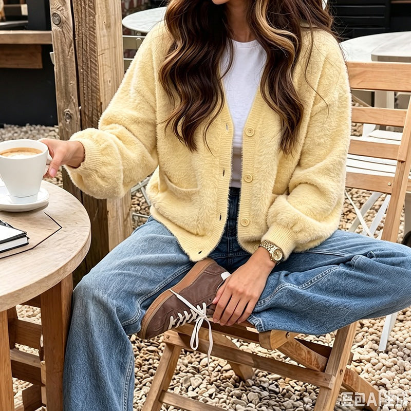 Cardigan Damen aus Teddy-Fleece, Oversize mit V-Ausschnitt