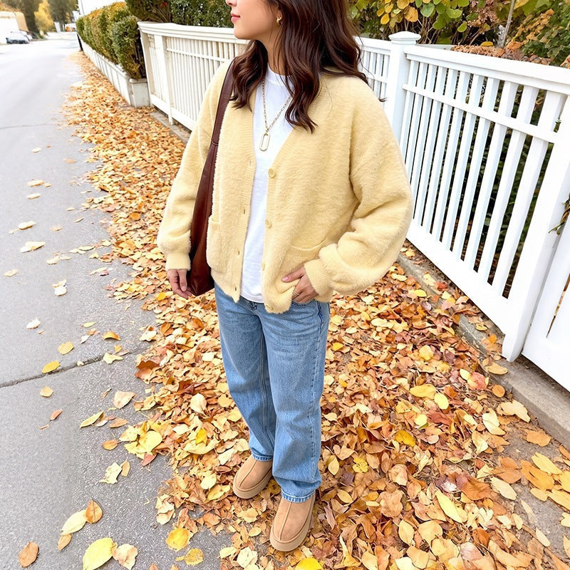 Cardigan Damen aus Teddy-Fleece, Oversize mit V-Ausschnitt
