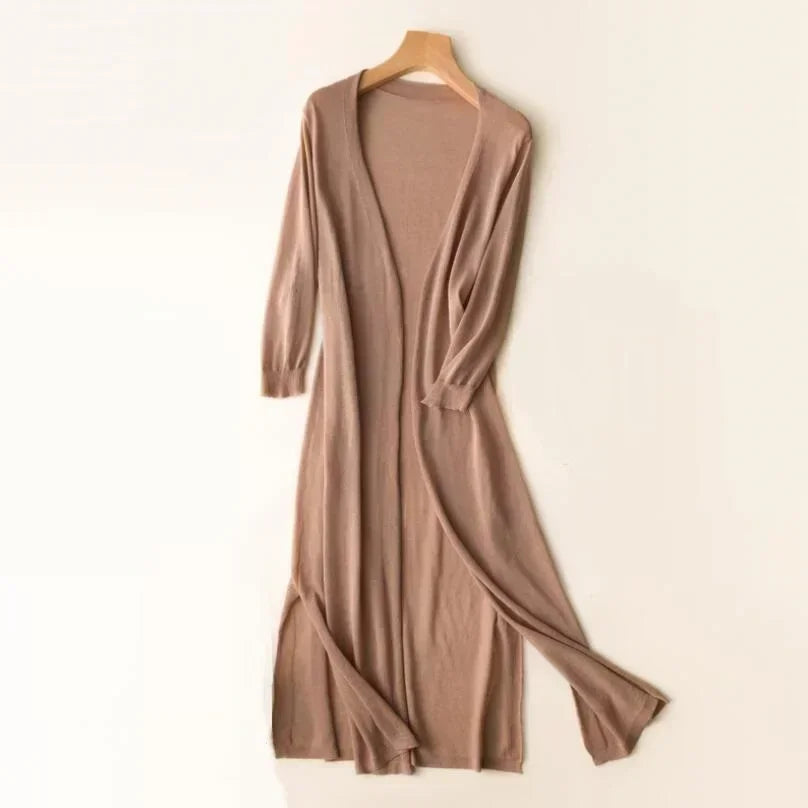 Cardigan Damen leicht und lang mit V-Ausschnitt, lockere Strickjacke