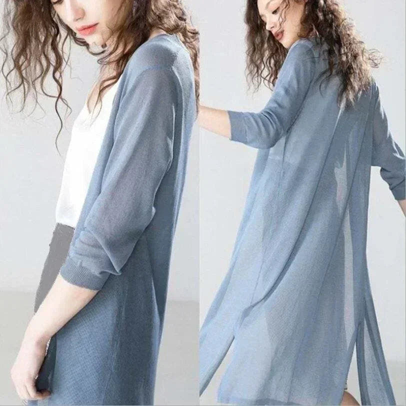 Cardigan Damen leicht und lang mit V-Ausschnitt, lockere Strickjacke