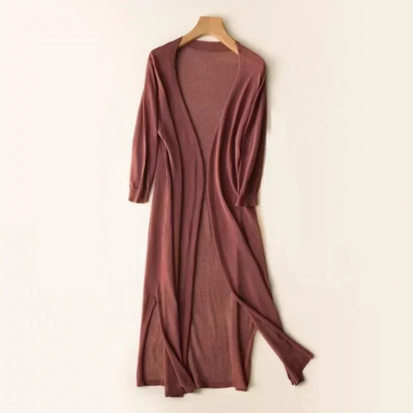 Cardigan Damen leicht und lang mit V-Ausschnitt, lockere Strickjacke