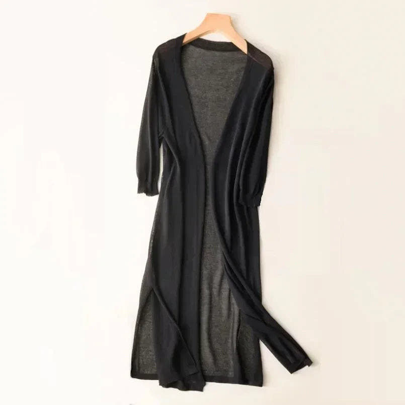 Cardigan Damen leicht und lang mit V-Ausschnitt, lockere Strickjacke