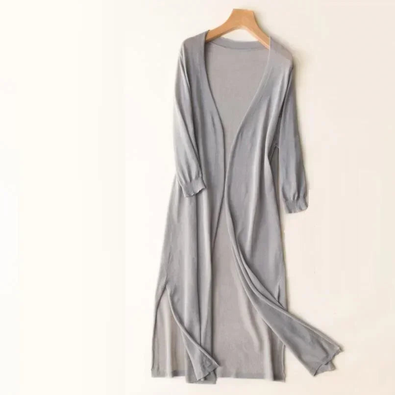 Cardigan Damen leicht und lang mit V-Ausschnitt, lockere Strickjacke
