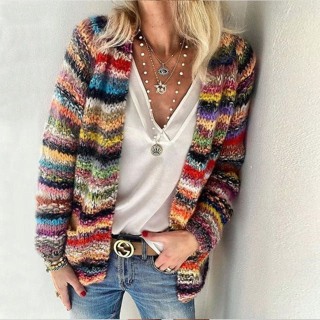 Cardigan Damen locker und hüftlang, offene Strickjacke im Retro-Stil