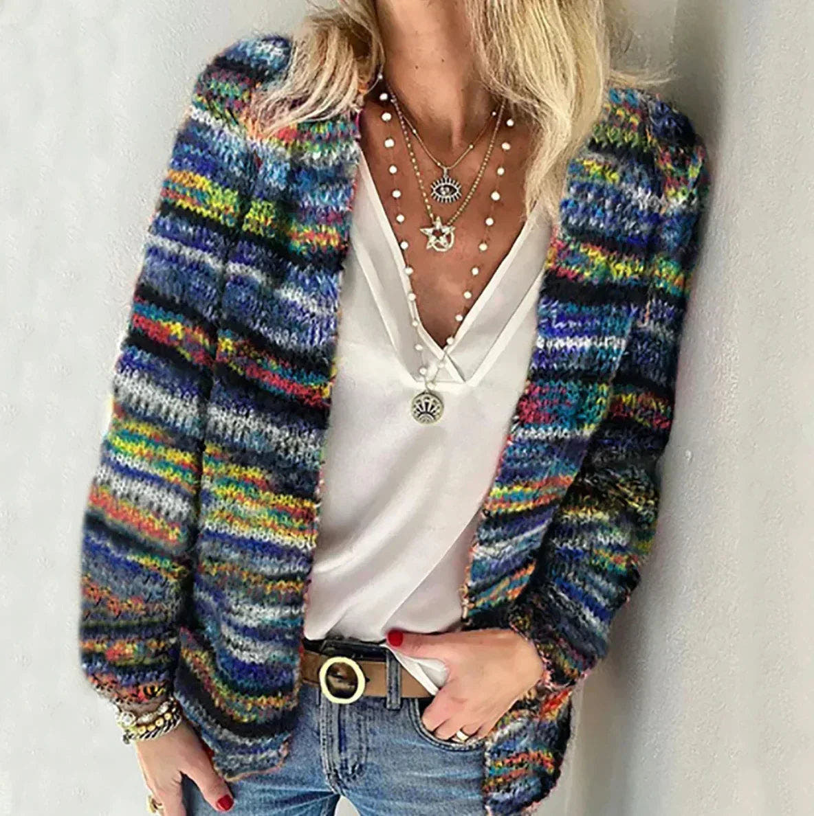 Cardigan Damen locker und hüftlang, offene Strickjacke im Retro-Stil