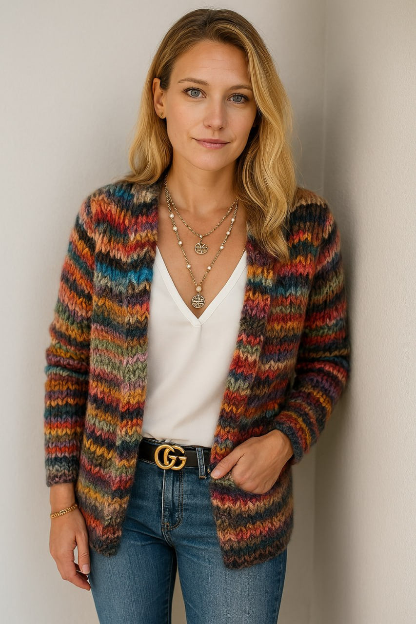 Cardigan Damen locker und hüftlang, offene Strickjacke im Retro-Stil